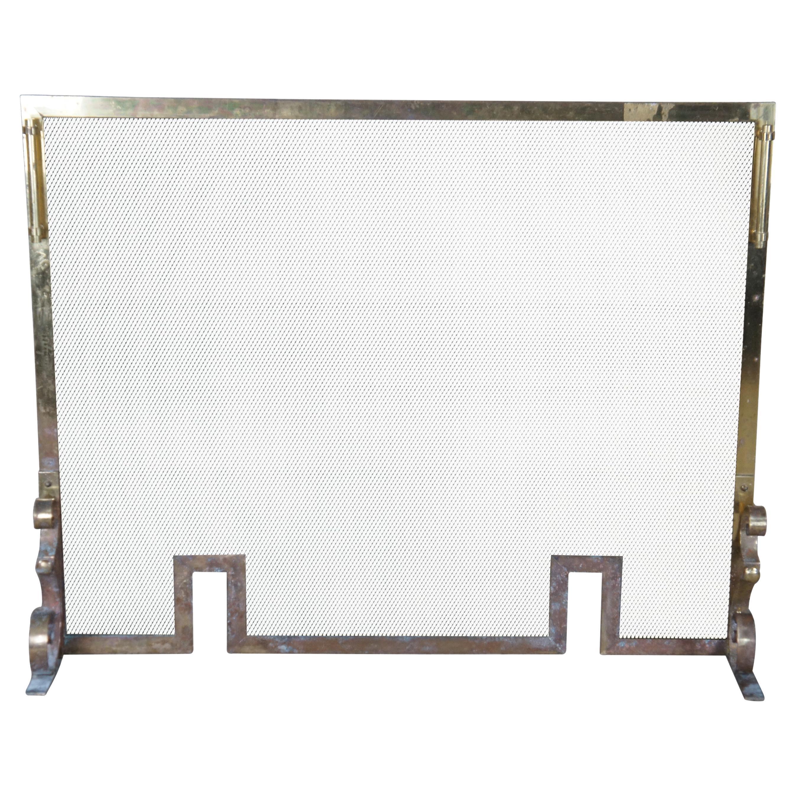 Vintage Hollywood Regency Scrolled Brass & Mesh Fireplace Hearthware Screen 37" For Sale