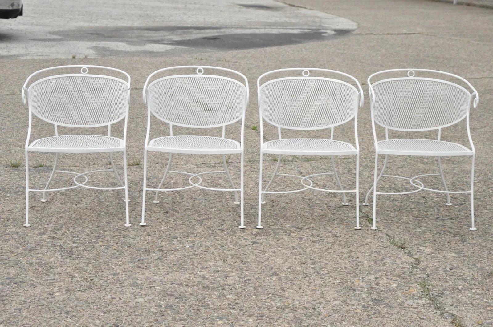 Vintage Hollywood Regency Scrolling Wrought Iron Barrel Back Patio Chairs Set 4 For Sale 6