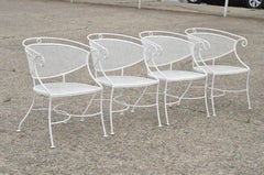 Vintage Hollywood Regency Scrolling Wrought Iron Barrel Back Patio Chairs Set 4