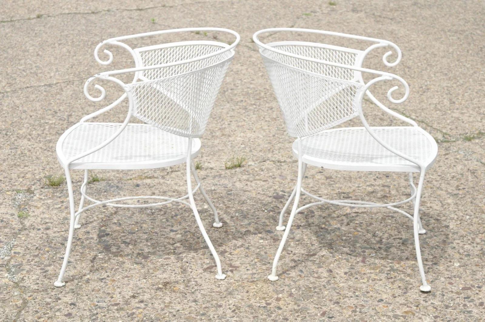 Unknown Vintage Hollywood Regency Scrolling Wrought Iron Barrel Back Patio Chairs Set 4 For Sale