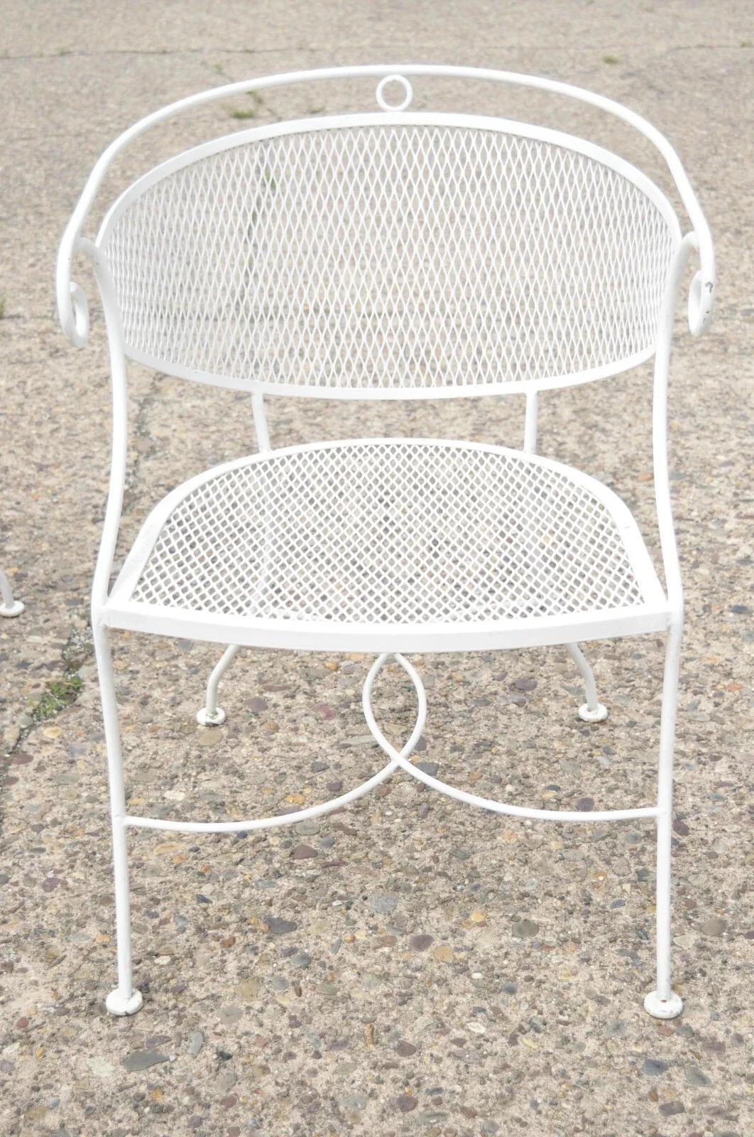 Vintage Hollywood Regency Scrolling Wrought Iron Barrel Back Patio Chairs Set 4 In Good Condition For Sale In Philadelphia, PA