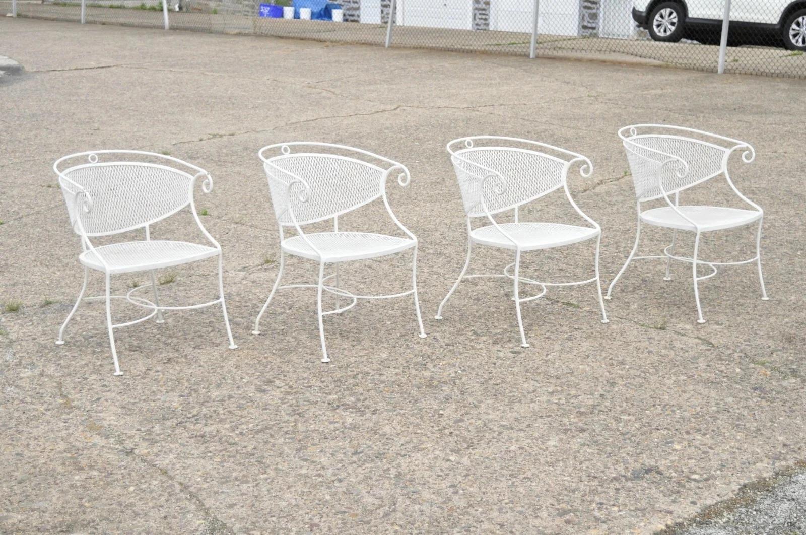 20th Century Vintage Hollywood Regency Scrolling Wrought Iron Barrel Back Patio Chairs Set 4 For Sale