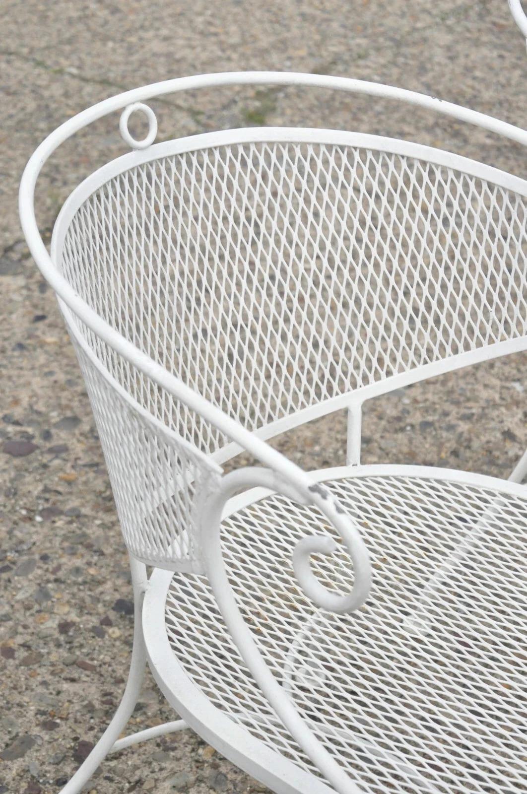 Vintage Hollywood Regency Scrolling Wrought Iron Barrel Back Patio Chairs Set 4 For Sale 2