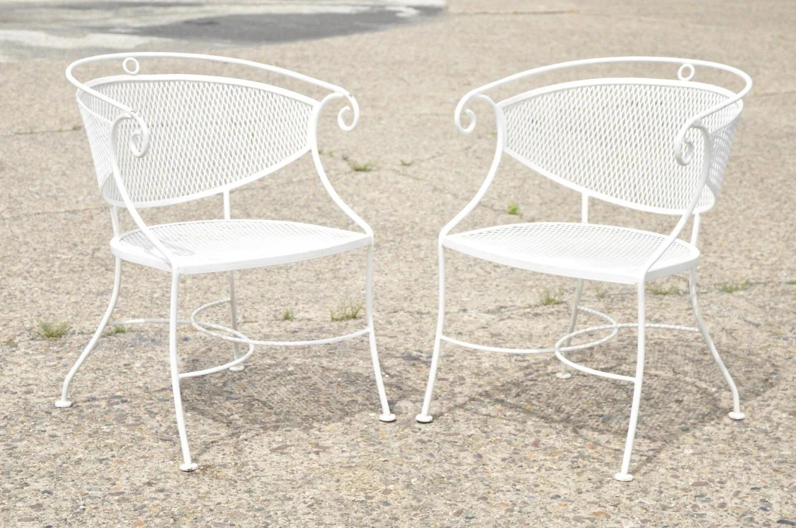 Vintage Hollywood Regency Scrolling Wrought Iron Barrel Back Patio Chairs Set 4 For Sale 4