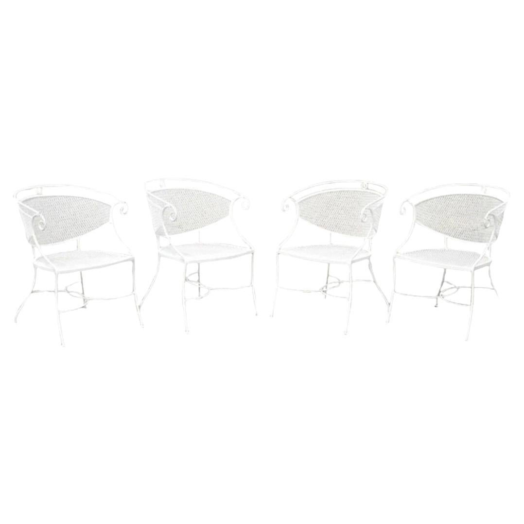 Vintage Hollywood Regency Scrolling Wrought Iron Barrel Back Patio Chairs Set 4 For Sale