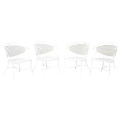 Vintage Hollywood Regency Scrolling Wrought Iron Barrel Back Patio Chairs Set 4