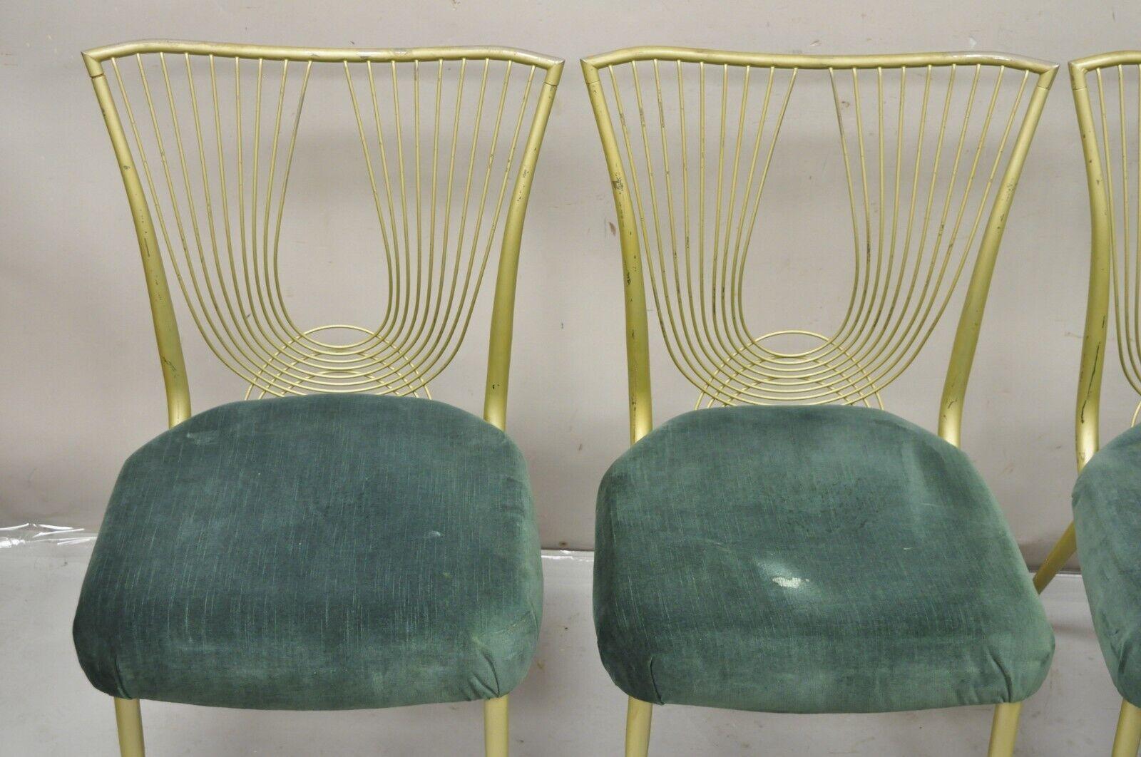 Vintage Hollywood Regency Sculptural Metal Brass Tone Kitchen Dining Chair Set 4 In Good Condition For Sale In Philadelphia, PA