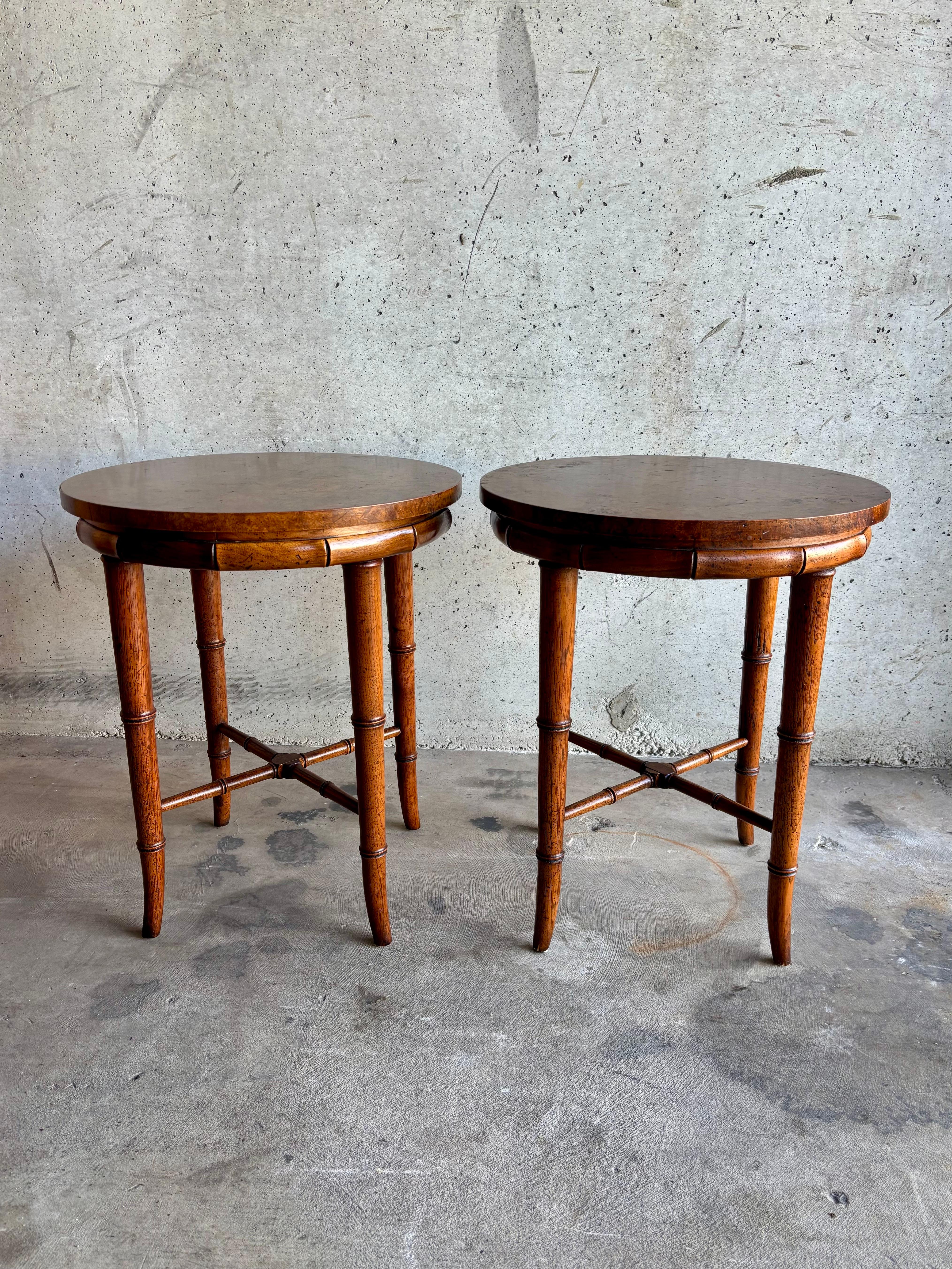 Vintage Hollywood Regency Side Tables by Henredon, Burl 
Faux Bamboo, a Pair For Sale