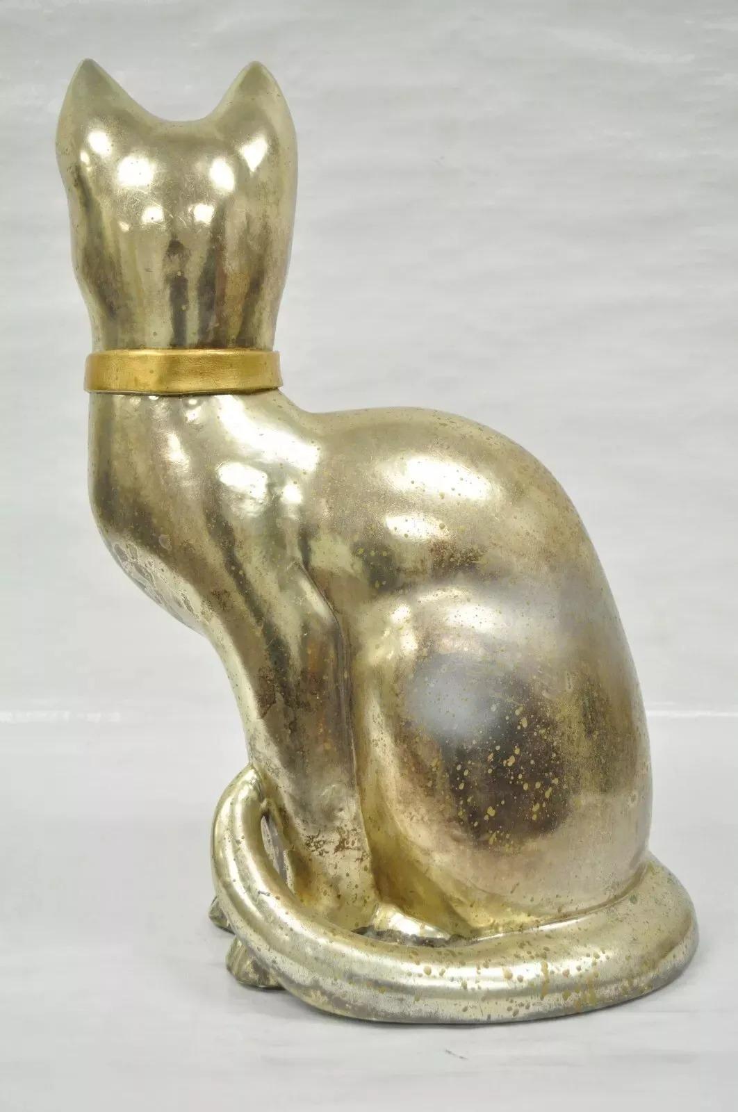 Vintage Hollywood Regency Silber & Gold Keramik Katzenstatue-Figur, Vintage im Angebot 4