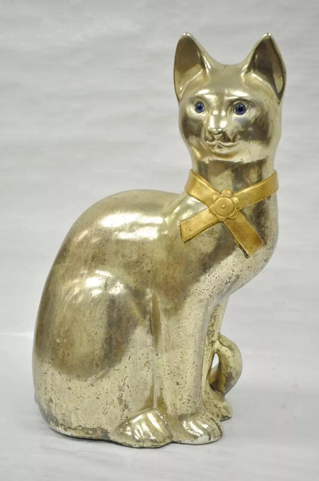 Vintage Hollywood Regency Silber & Gold Keramik Katzenstatue-Figur, Vintage im Angebot 6