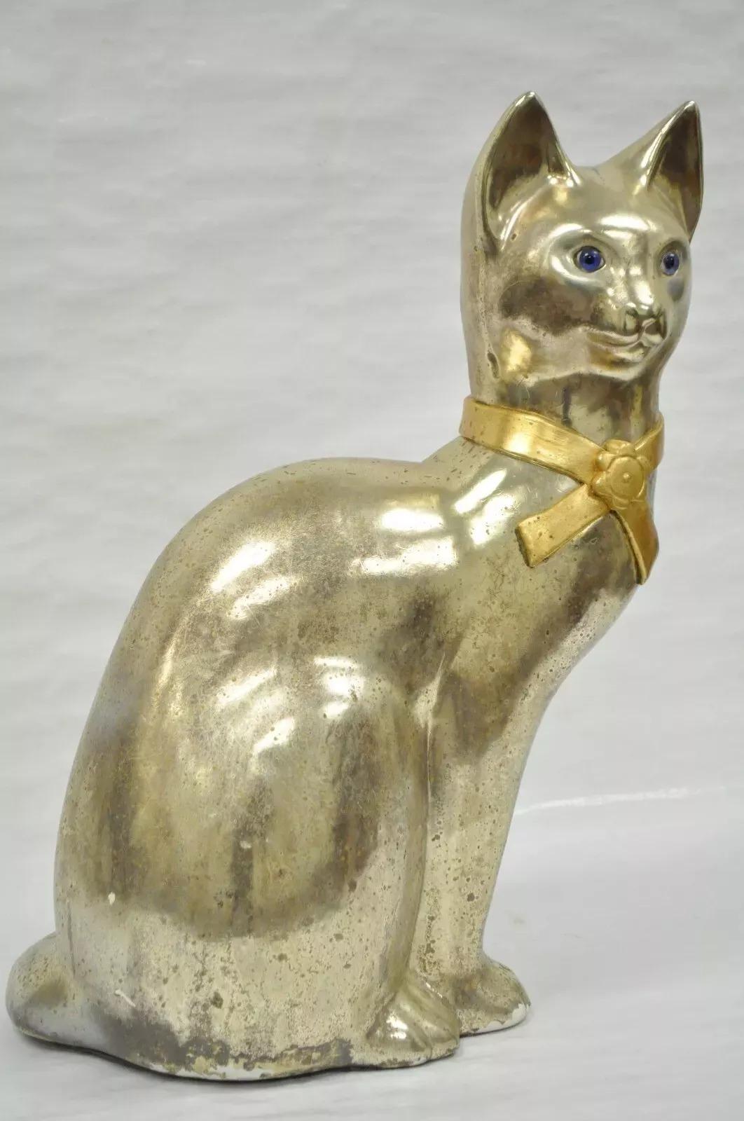 Vintage Hollywood Regency Silber & Gold Keramik Katzenstatue-Figur, Vintage (Unbekannt) im Angebot