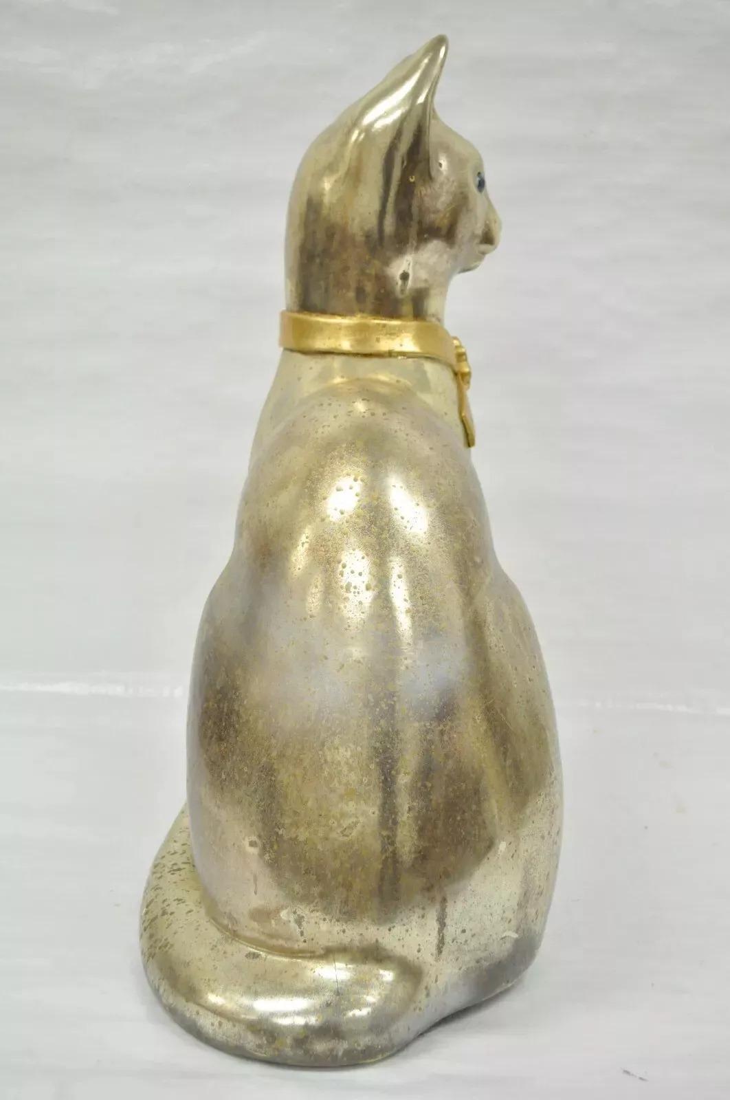 Vintage Hollywood Regency Silber & Gold Keramik Katzenstatue-Figur, Vintage im Angebot 1