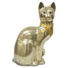 Vintage Hollywood Regency Silver & Gold Ceramic Cat Statue Figure