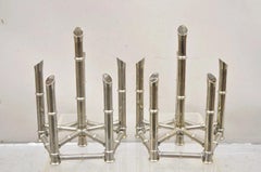 Vintage Hollywood Regency Silver Plated Chrome Faux Bamboo Candlesticks - a Pair
