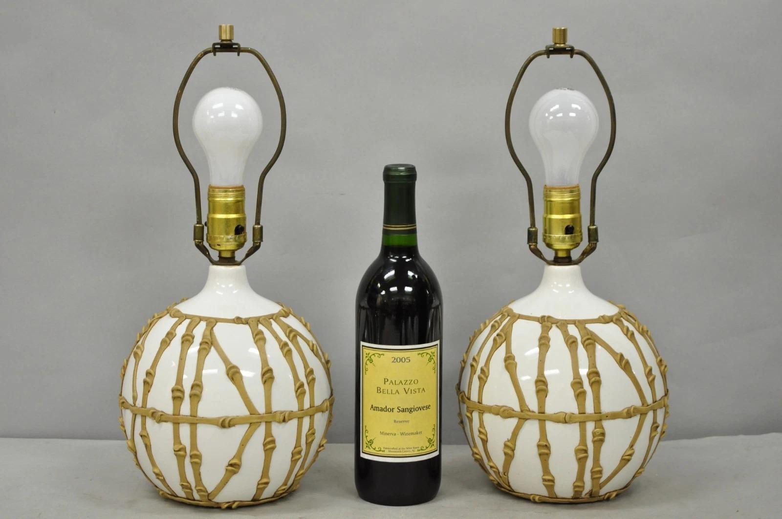 Vintage Hollywood Regency Small Bulbous Ceramic Faux Bamboo Table Lamps - a Pair For Sale 5