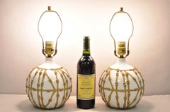 Vintage Hollywood Regency Small Bulbous Ceramic Faux Bamboo Table Lamps - a Pair