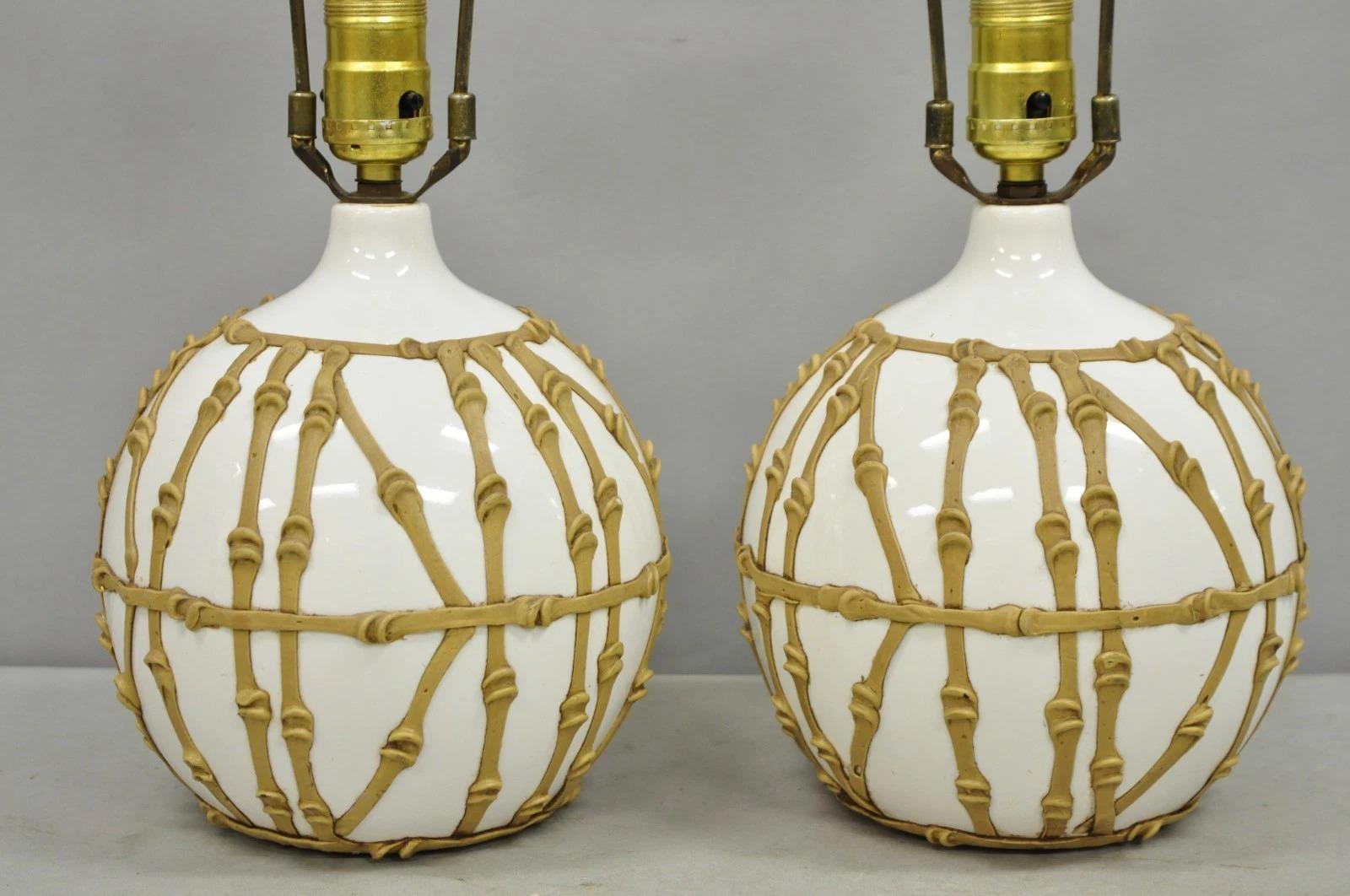 Unknown Vintage Hollywood Regency Small Bulbous Ceramic Faux Bamboo Table Lamps - a Pair For Sale