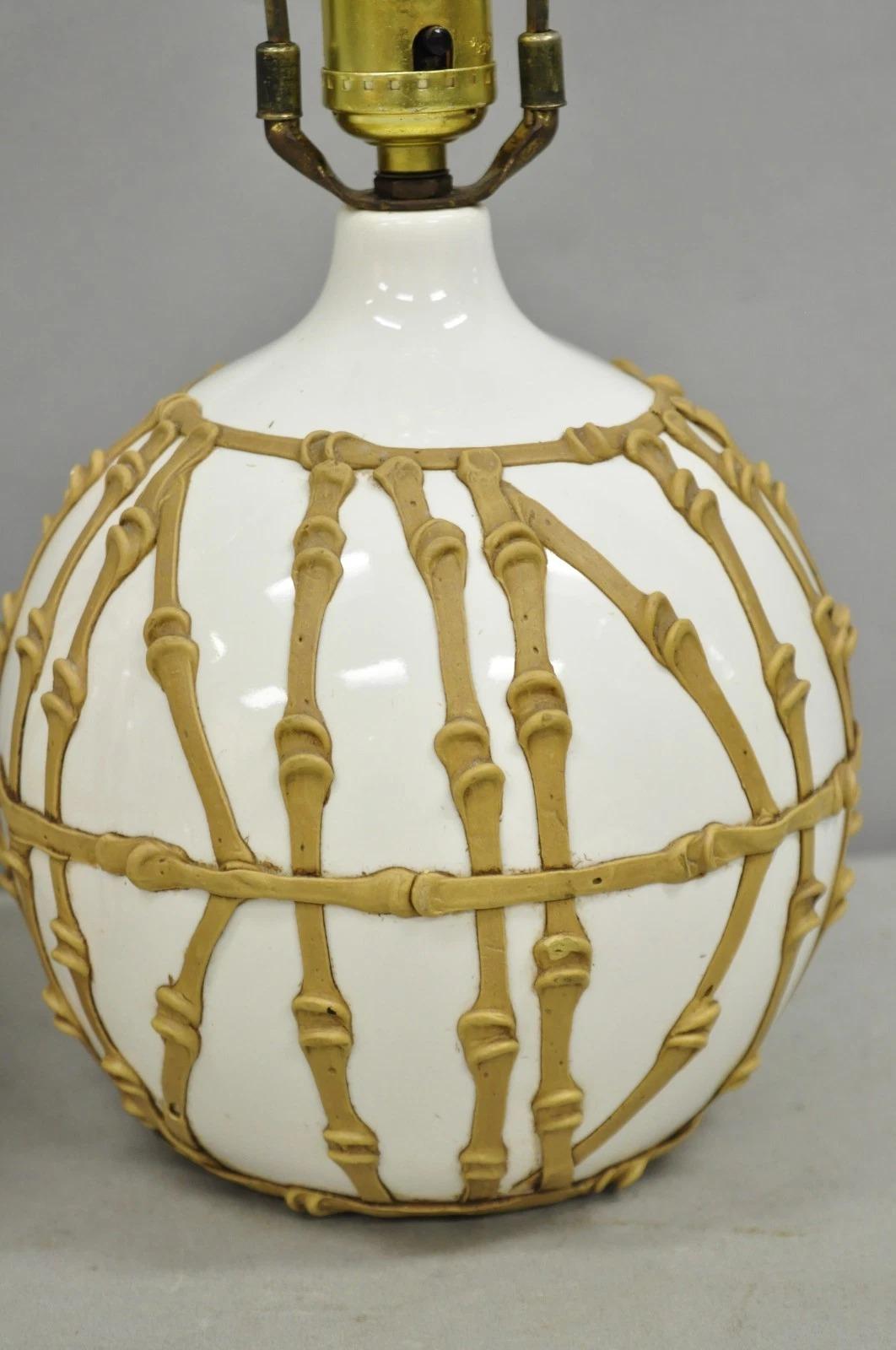 Vintage Hollywood Regency Small Bulbous Ceramic Faux Bamboo Table Lamps - a Pair In Good Condition For Sale In Philadelphia, PA