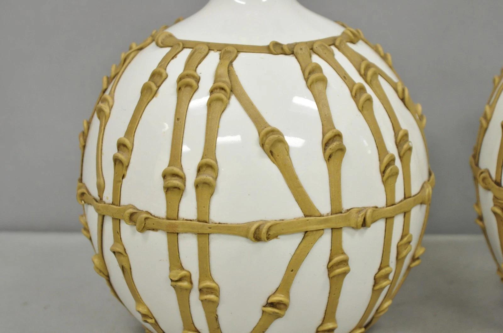 20th Century Vintage Hollywood Regency Small Bulbous Ceramic Faux Bamboo Table Lamps - a Pair For Sale