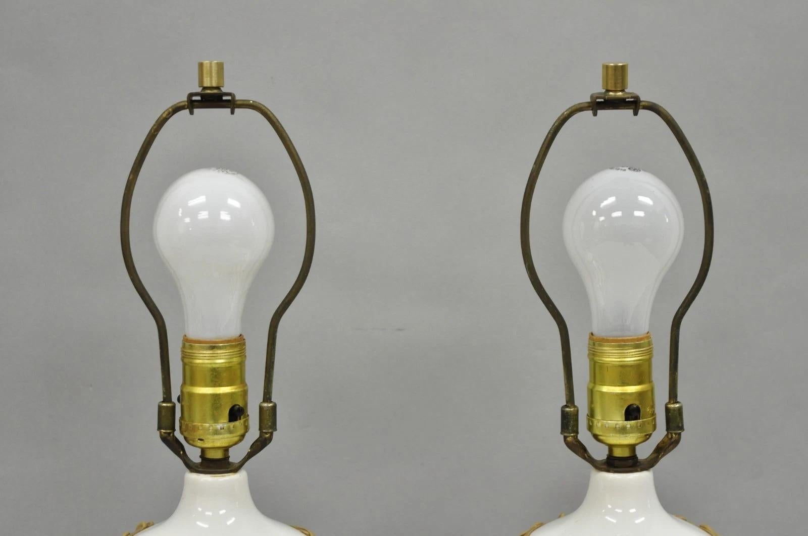 Vintage Hollywood Regency Small Bulbous Ceramic Faux Bamboo Table Lamps - a Pair For Sale 1