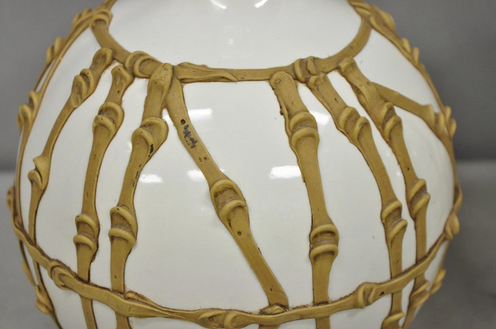 Vintage Hollywood Regency Small Bulbous Ceramic Faux Bamboo Table Lamps - a Pair For Sale 2