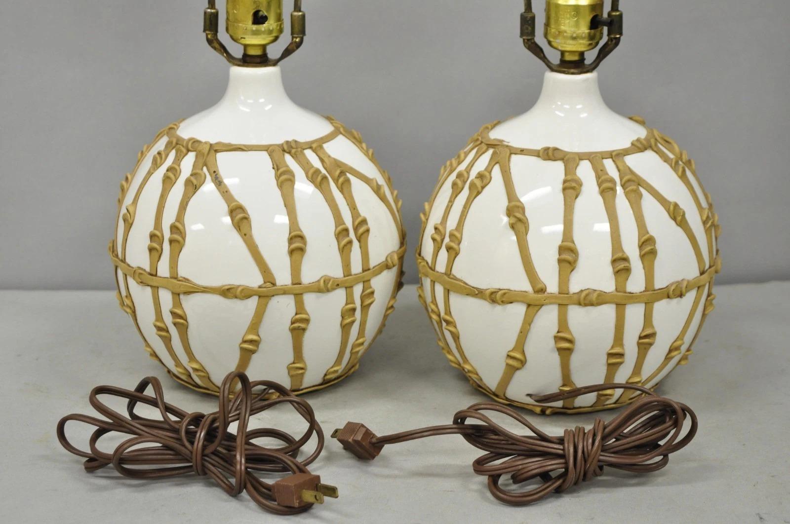 Vintage Hollywood Regency Small Bulbous Ceramic Faux Bamboo Table Lamps - a Pair For Sale 3