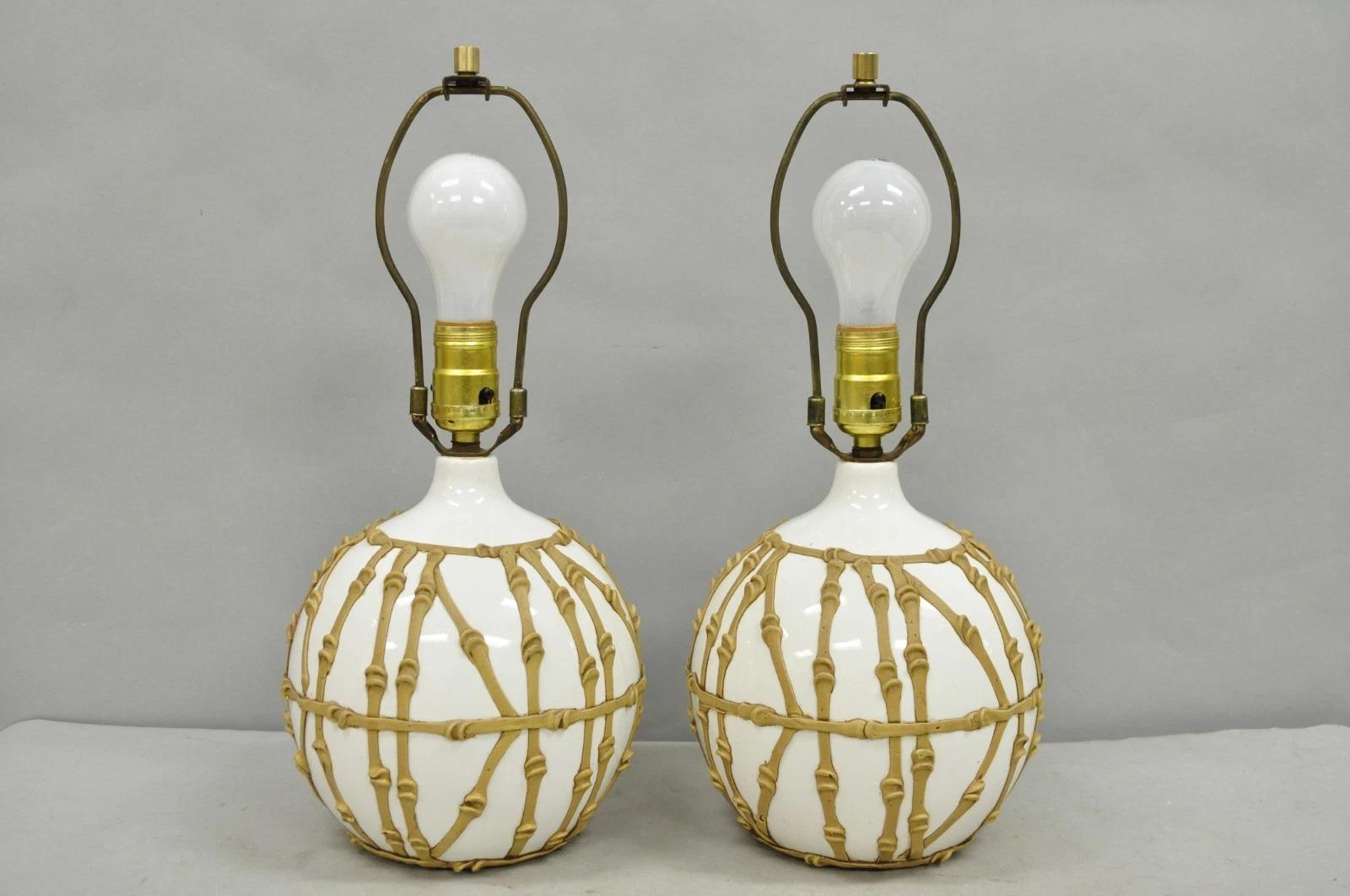 Vintage Hollywood Regency Small Bulbous Ceramic Faux Bamboo Table Lamps - a Pair For Sale 4