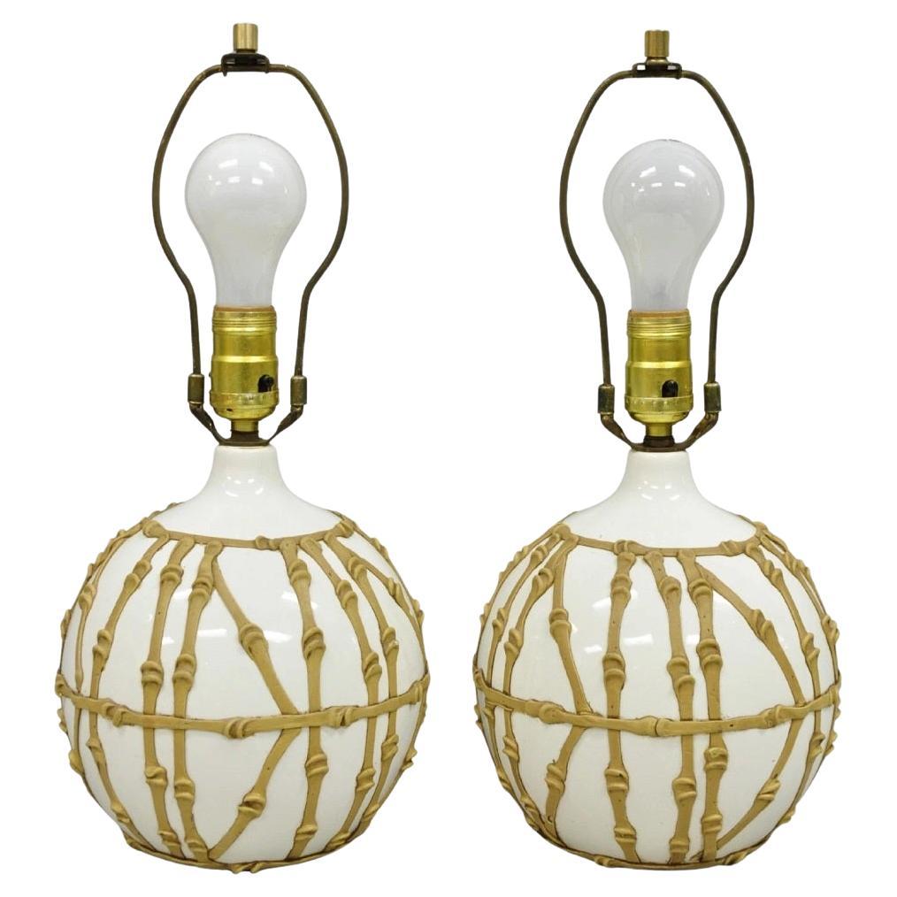 Vintage Hollywood Regency Small Bulbous Ceramic Faux Bamboo Table Lamps - a Pair For Sale