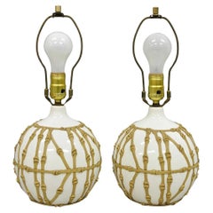 Vintage Hollywood Regency Small Bulbous Ceramic Faux Bamboo Table Lamps - a Pair