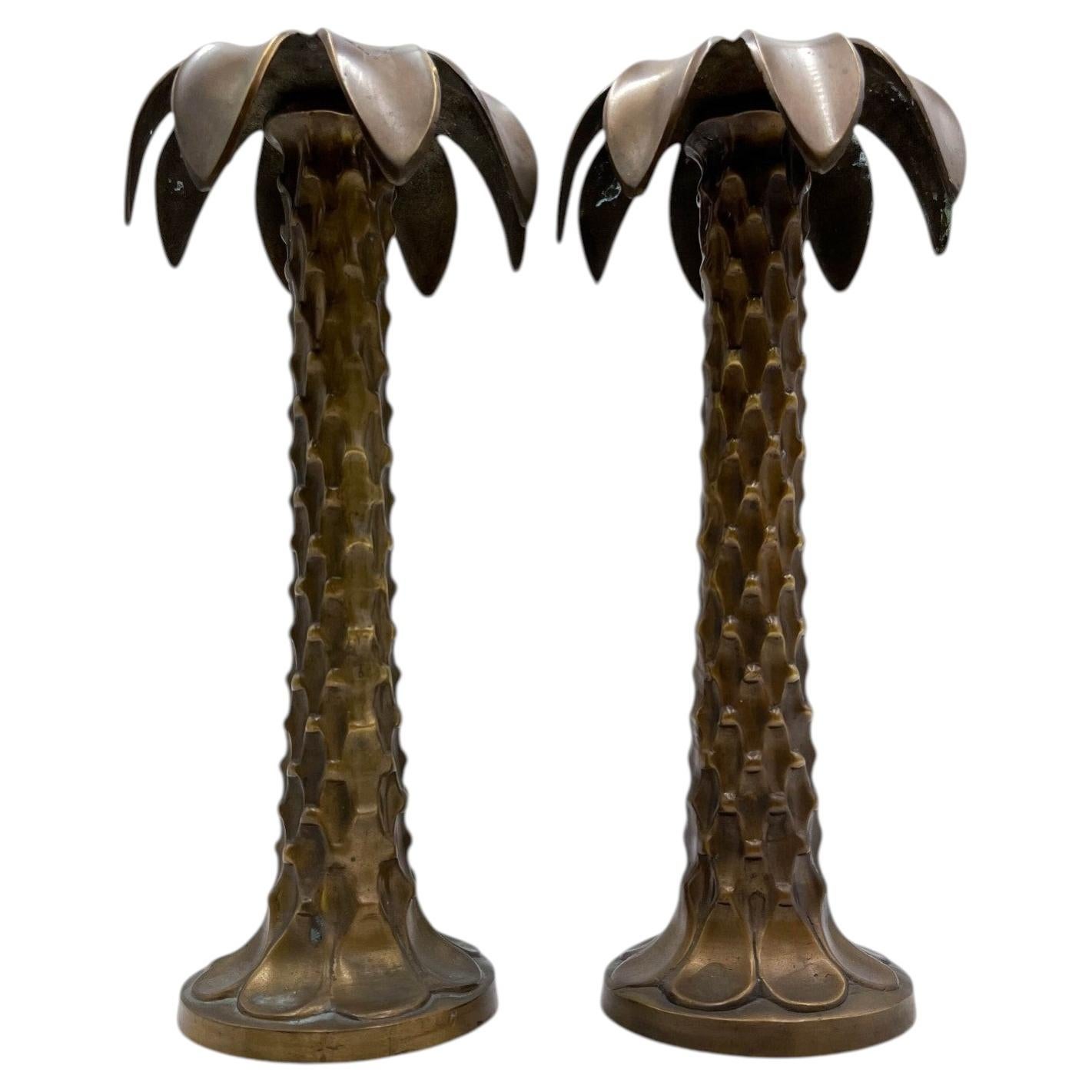 Vintage Hollywood Regency Solid Brass Palm Tree Candlesticks – A Pair