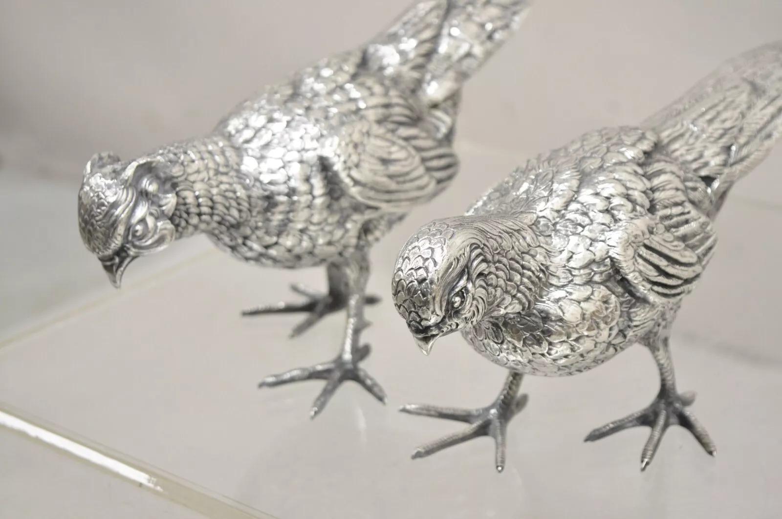 Vintage Hollywood Regency Spain Silver Plated Pheasant Bird Figures - a Pair 6