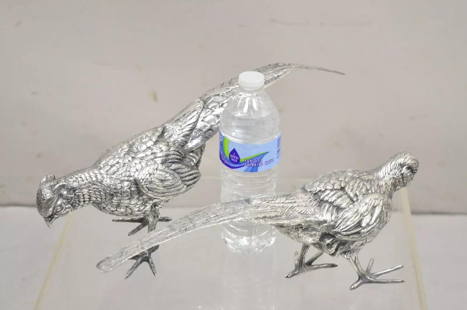 Vintage Finely Detailed Hollywood Regency Spain, Silver Plated Pheasant Bird Figures - a Pair. Circa Mid 20th Century. Measurements: 6
