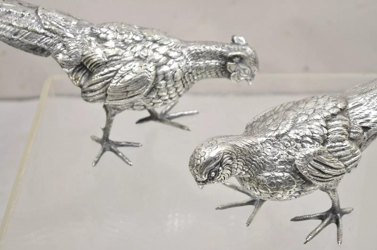 Unknown Vintage Hollywood Regency Spain Silver Plated Pheasant Bird Figures - a Pair