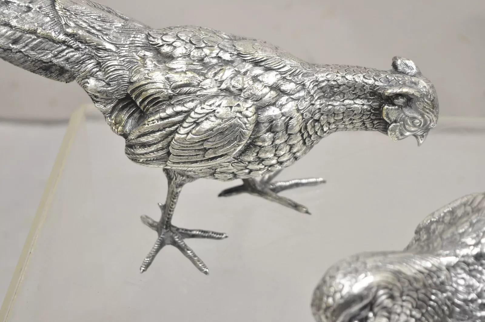 Vintage Hollywood Regency Spain Silver Plated Pheasant Bird Figures - a Pair In Good Condition In Philadelphia, PA