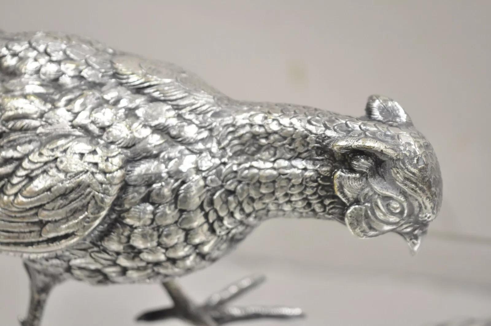 20th Century Vintage Hollywood Regency Spain Silver Plated Pheasant Bird Figures - a Pair