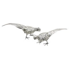 Vintage Hollywood Regency Spain Silver Plated Pheasant Bird Figures - a Pair