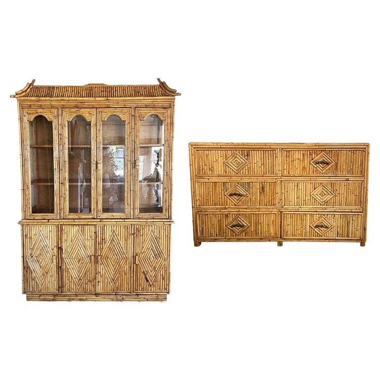 Vintage Hollywood Regency Split Reed China Cabinet and Dresser Set - 1970's