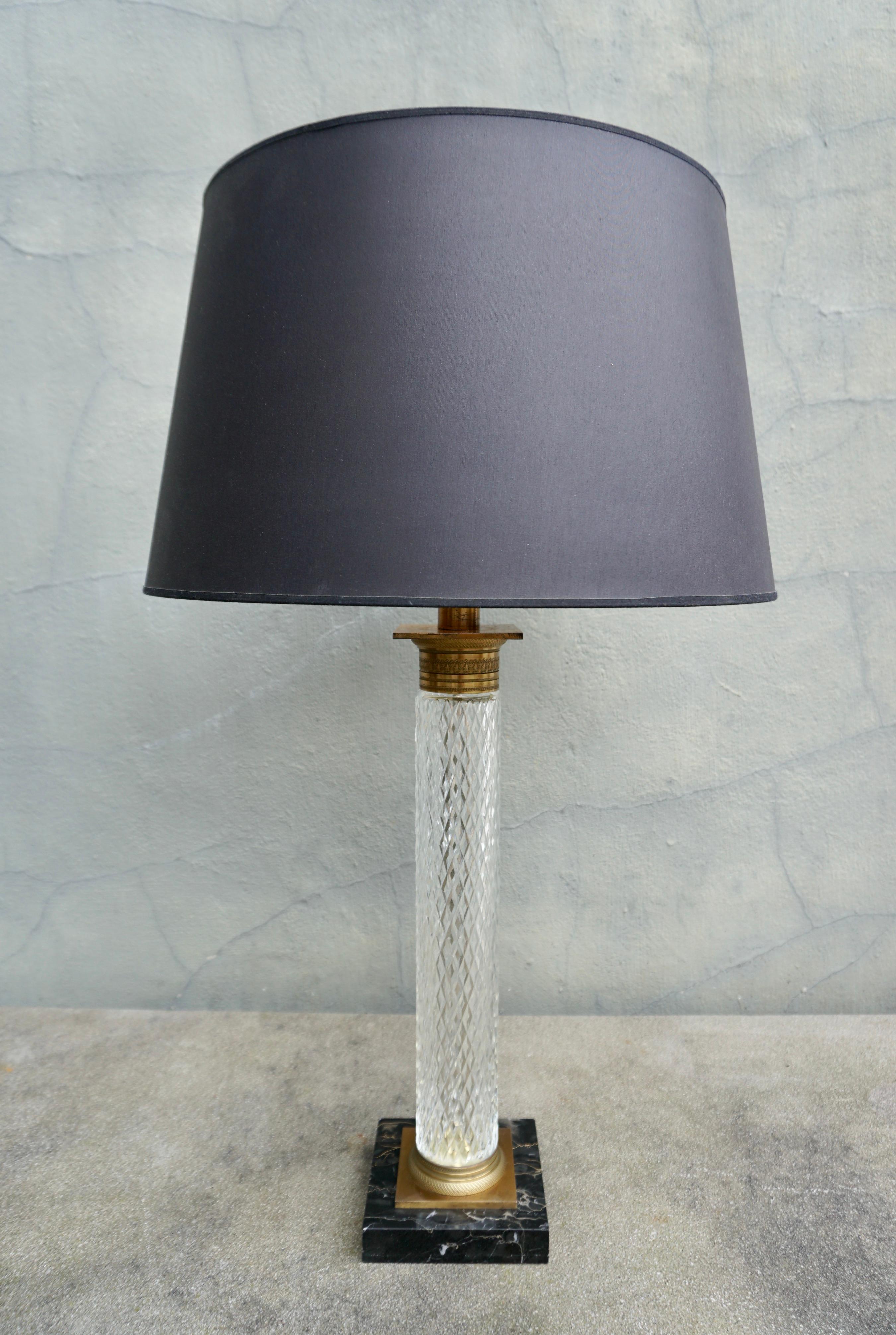 French Vintage Hollywood Regency Style Crystal & Bronze Column Table Lamp For Sale