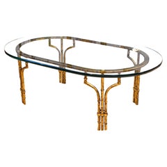 Vintage Hollywood Regency Style Faux Brass Metal Oval Glass Coffee Table