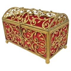 Vintage Hollywood Regency Style Scatola portagioielli in metallo dorato e rosso