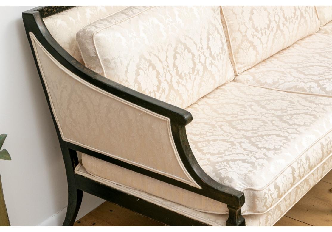 Ebonized Vintage Hollywood Regency Style Jacquard Upholstered Sofa  For Sale