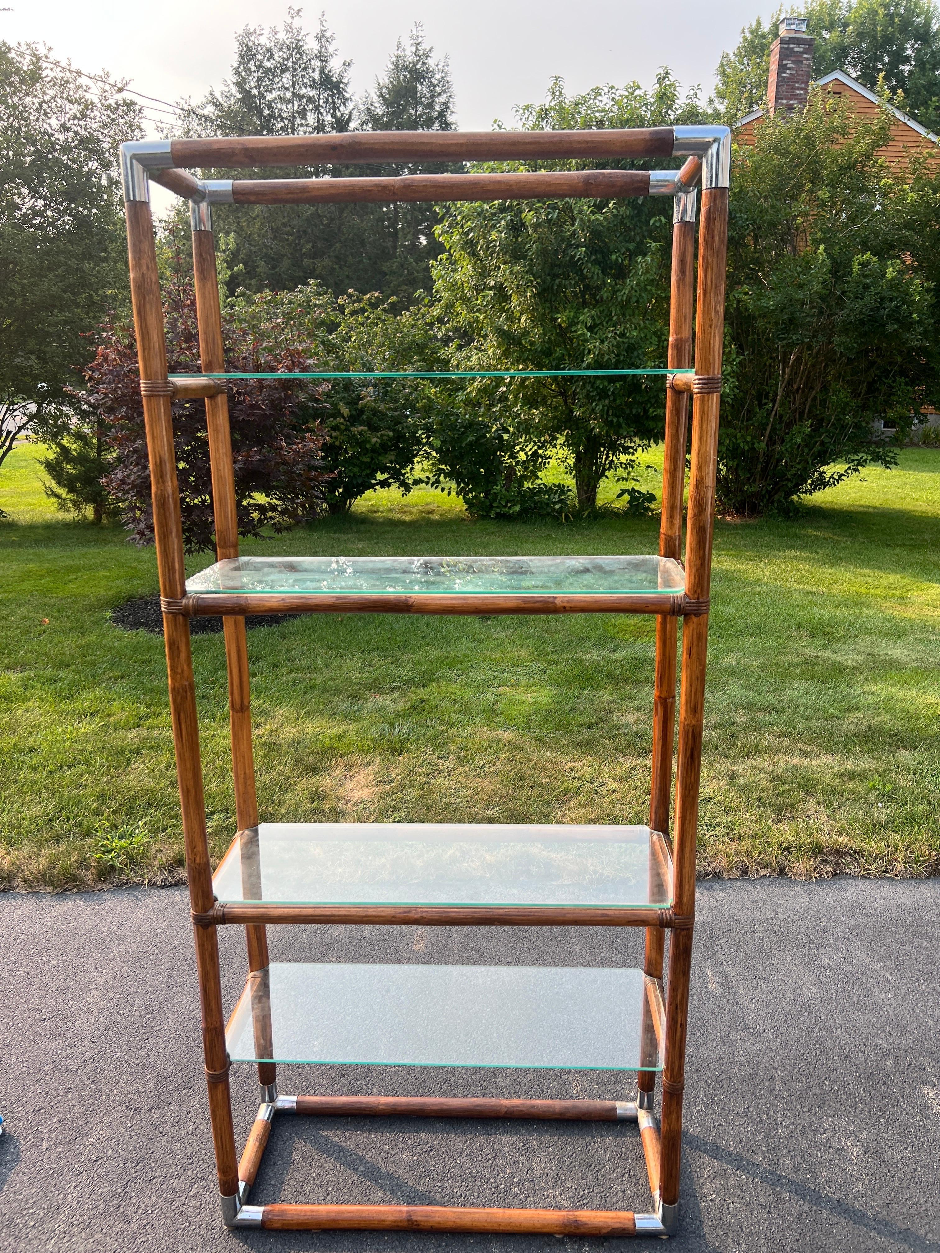 Mid-Century Modern Vintage Hollywood Regency Style MCM Chrome, Bamboo & Glass Etagere  For Sale