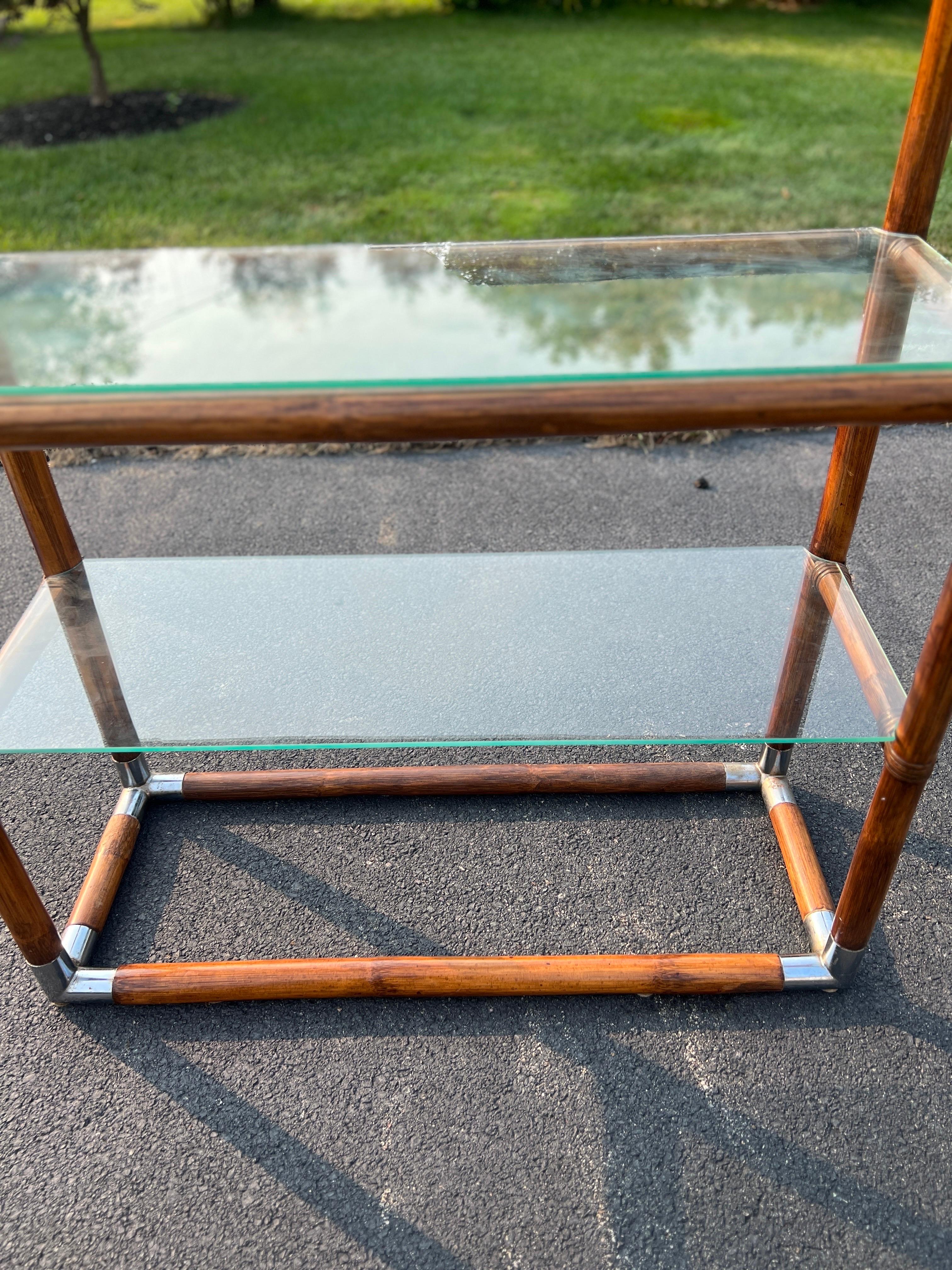 20th Century Vintage Hollywood Regency Style MCM Chrome, Bamboo & Glass Etagere  For Sale