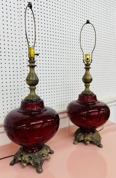 Vintage Hollywood Regency Style Ruby Red Glass Table Lamps - Set of 2