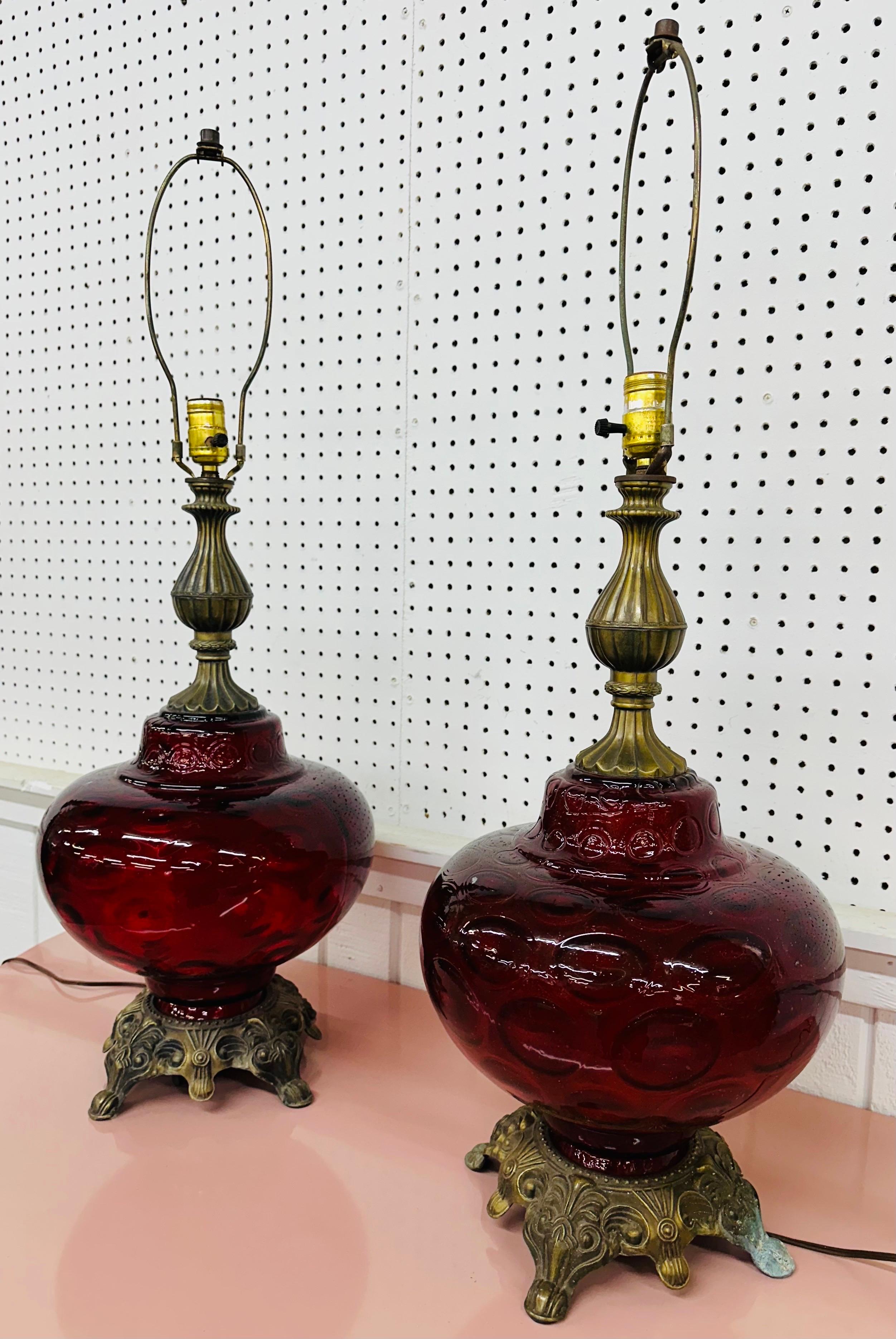 American Vintage Hollywood Regency Style Ruby Red Glass Table Lamps - Set of 2 For Sale