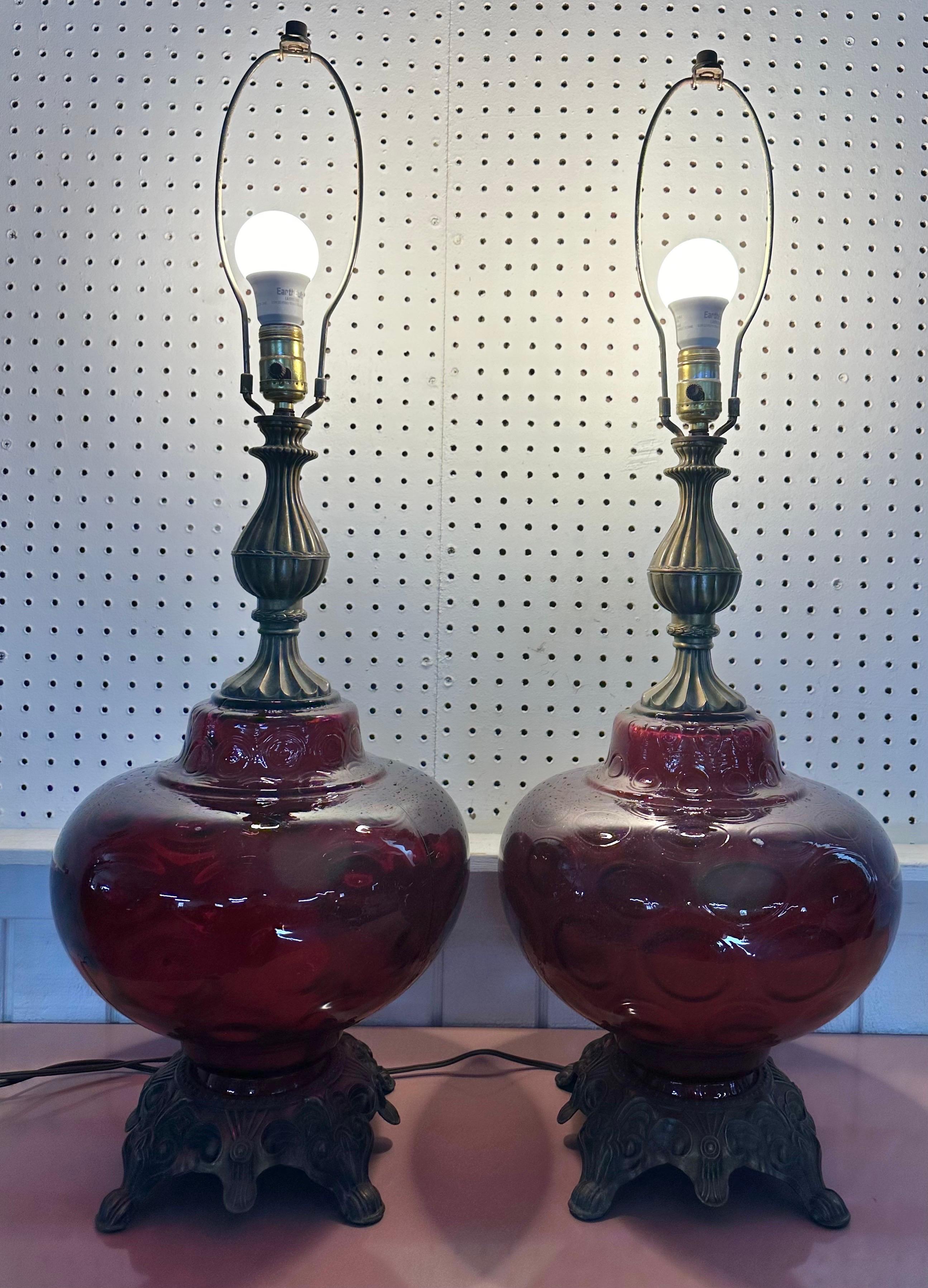 Vintage Hollywood Regency Style Ruby Red Glass Table Lamps - Set of 2 In Good Condition For Sale In Clarksboro, NJ