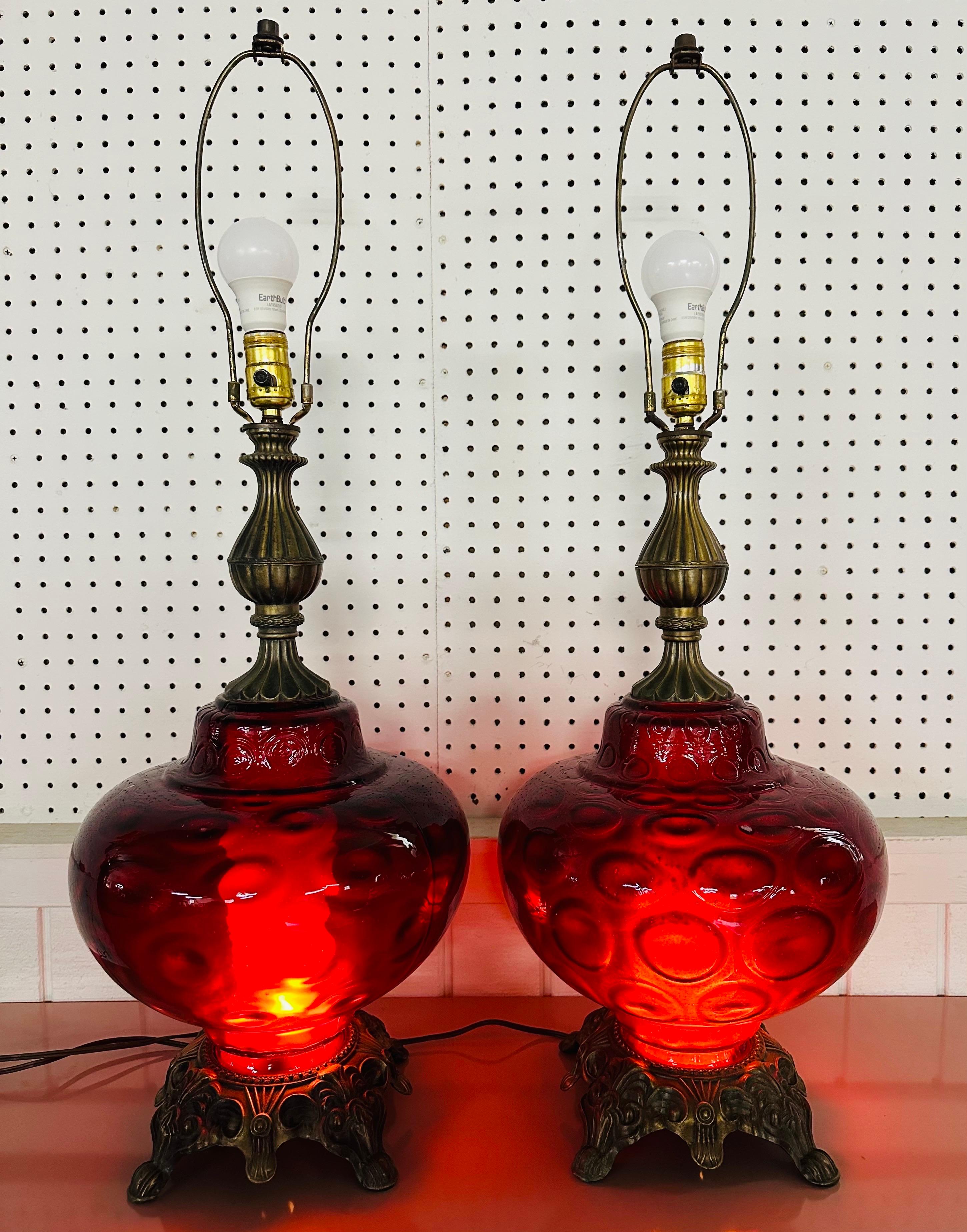 20th Century Vintage Hollywood Regency Style Ruby Red Glass Table Lamps - Set of 2 For Sale