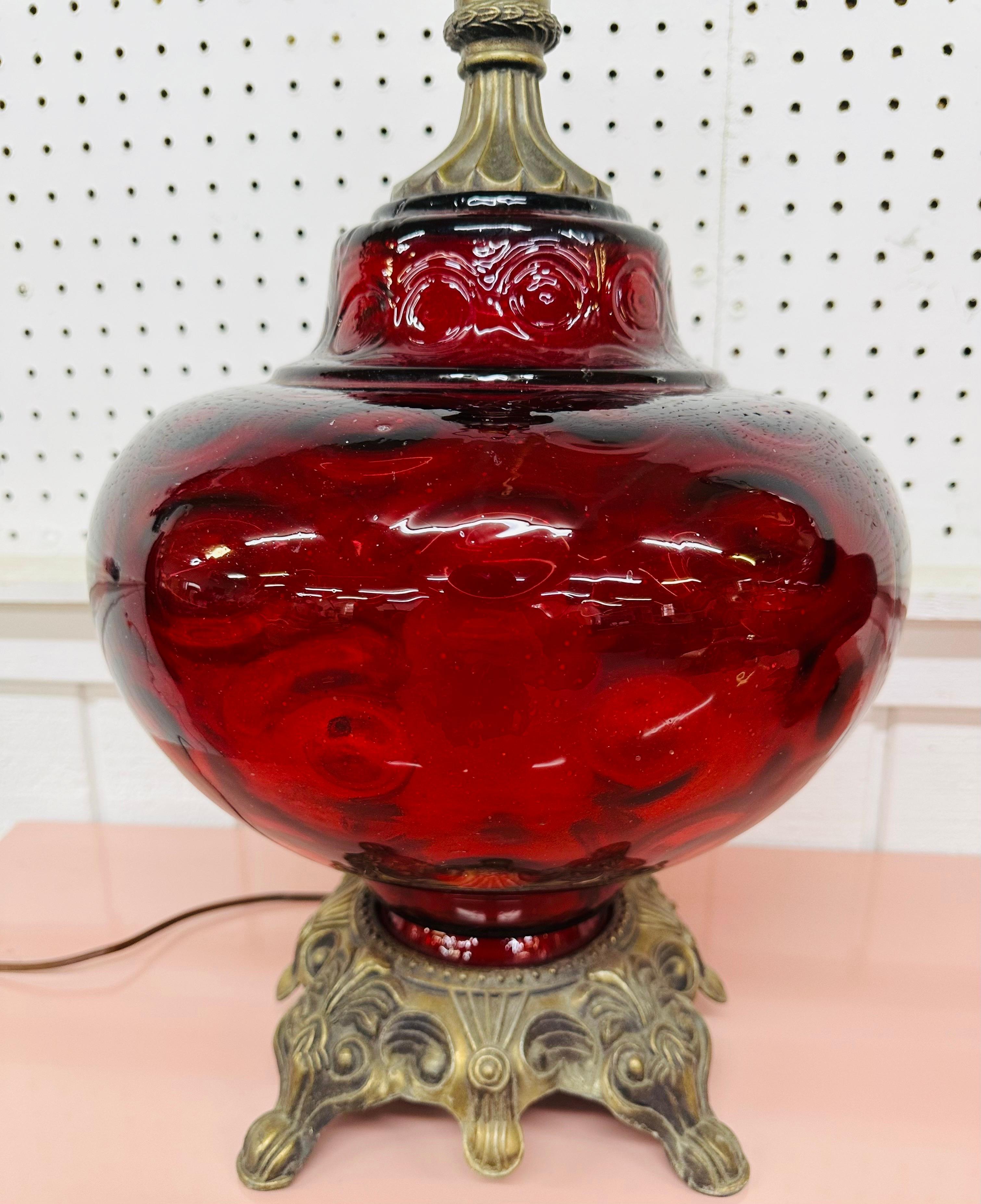 Brass Vintage Hollywood Regency Style Ruby Red Glass Table Lamps - Set of 2 For Sale