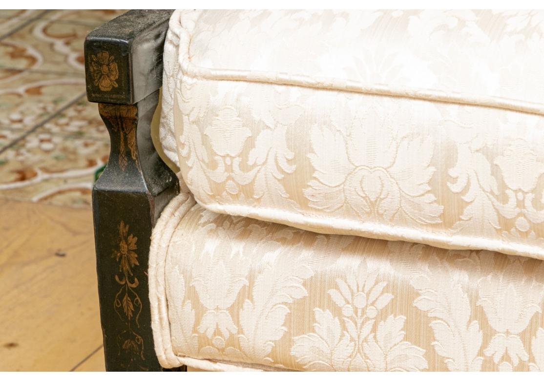 Ebonized Vintage Hollywood Regency Style Tone-on-Tone Jacquard Upholstered Sofa #2 For Sale