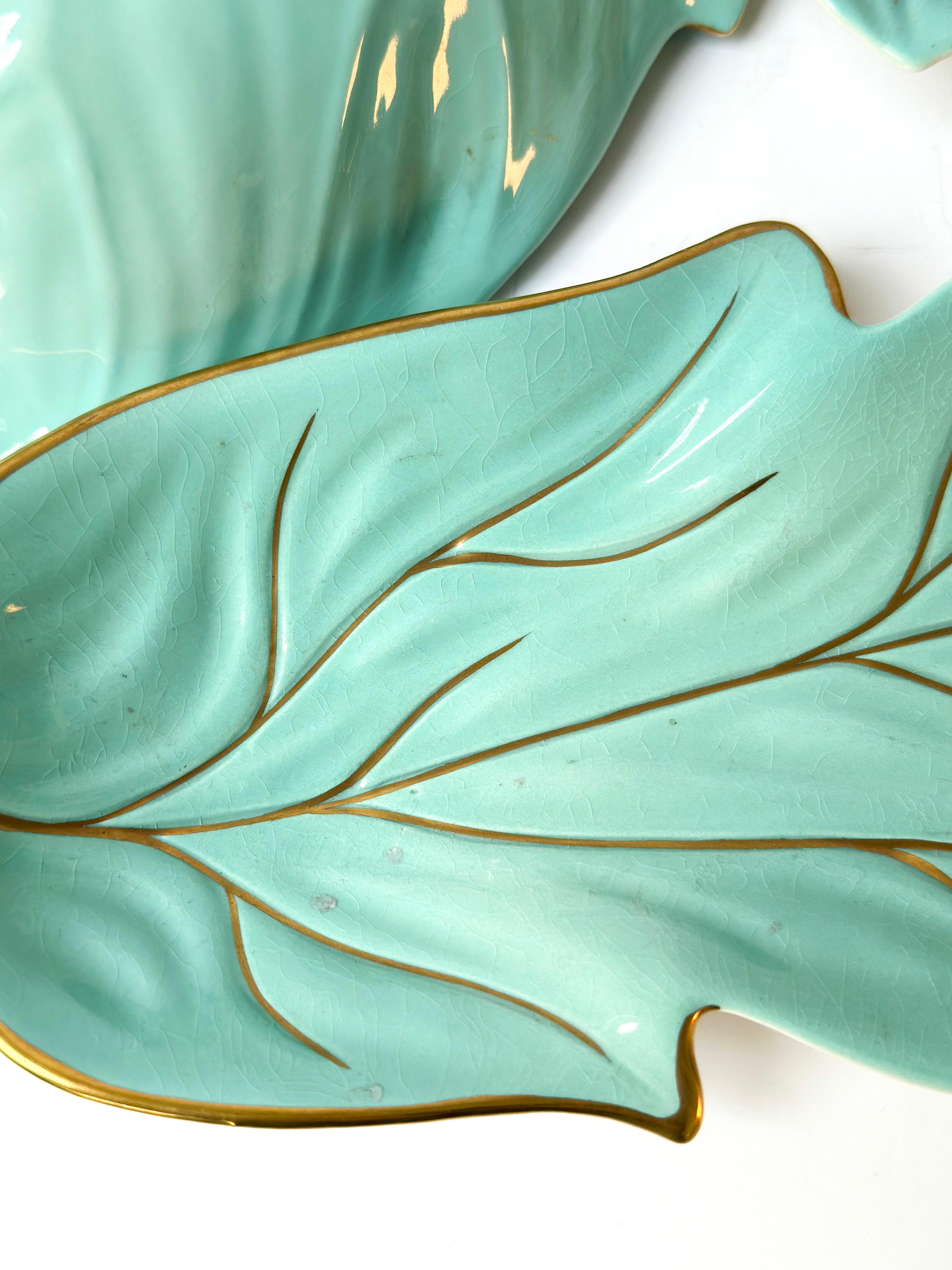 Glazed Vintage Hollywood Regency Style Turquoise and Gold Leaf Plates by Carlton Ware  For Sale